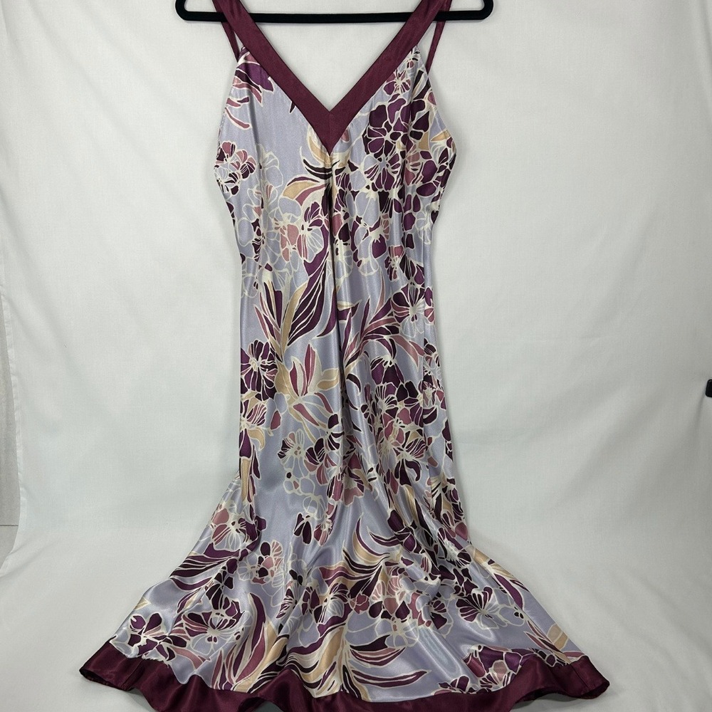 Vintage Purple Floral Satin Midi Slip Dress Y2K Plum Contrast V-Neck Nightgown